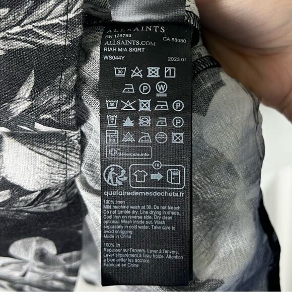 All Saints Linen Floral Black Gray Smocked Ruffle Riah Mia Pull On Mini Skirt 2 - Picture 6 of 8